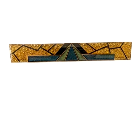 ART DECO Enamel Vintage Brooch Pin Geometric Gold Green Blue Black Bar - Picture 7 of 9